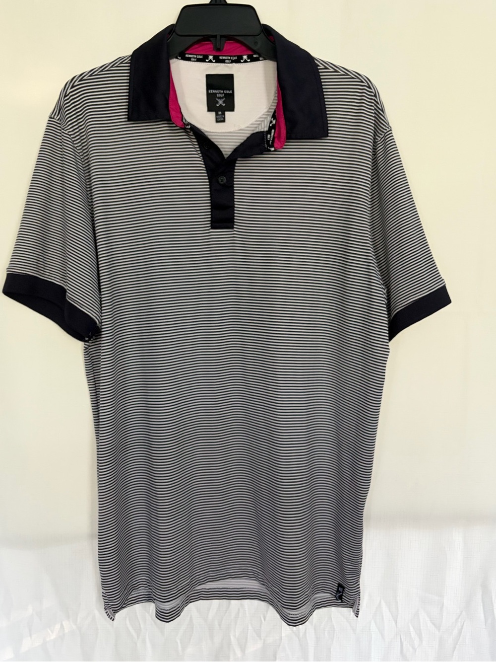 Kenneth Cole Men's Navy & White Striped golf Polo with Pink Trim